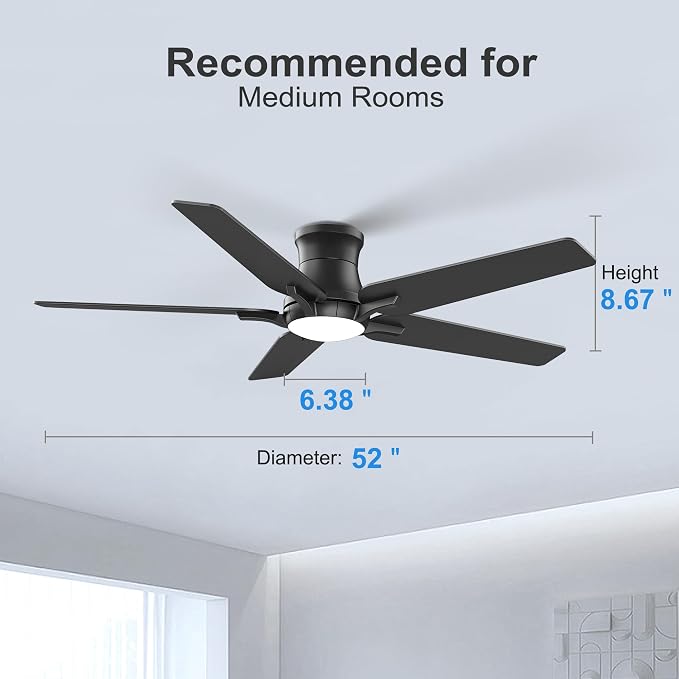 52 Inch Black Ceiling Fans with Lights and Remote, Flush Mount Low Profile Ceiling Fan for Bedroom, Living Room, Patio