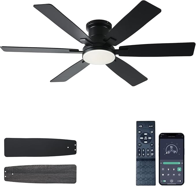 52 inch Black Ceiling Fans with Lights and Remote - Flush Mount Low Profile Ceiling Fan with Light, Reversible, 3CCT