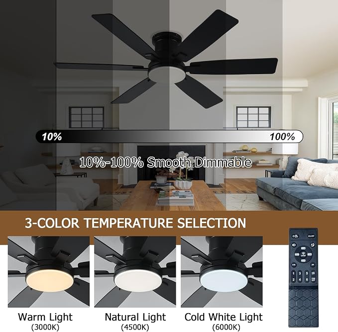 52 inch Black Ceiling Fans with Lights and Remote - Flush Mount Low Profile Ceiling Fan with Light, Reversible, 3CCT