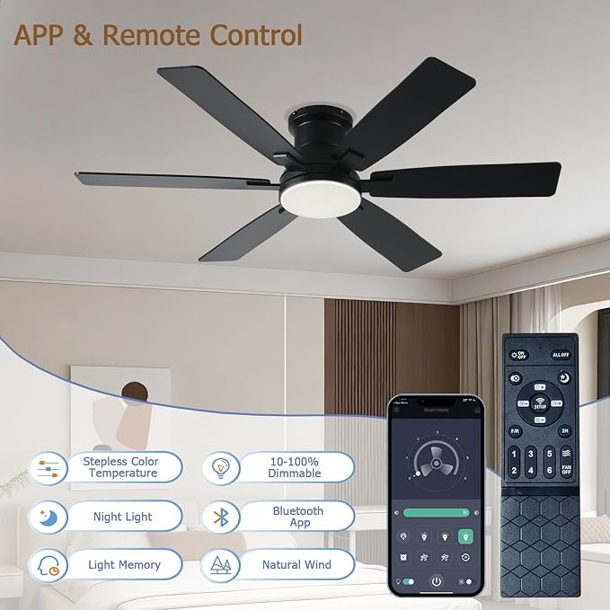 52 inch Black Ceiling Fans with Lights and Remote - Flush Mount Low Profile Ceiling Fan with Light, Reversible, 3CCT