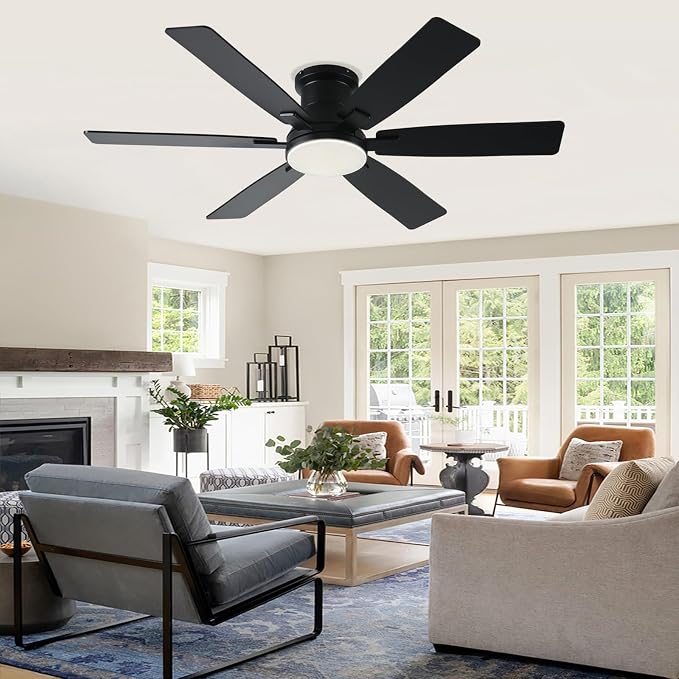 52 inch Black Ceiling Fans with Lights and Remote - Flush Mount Low Profile Ceiling Fan with Light, Reversible, 3CCT