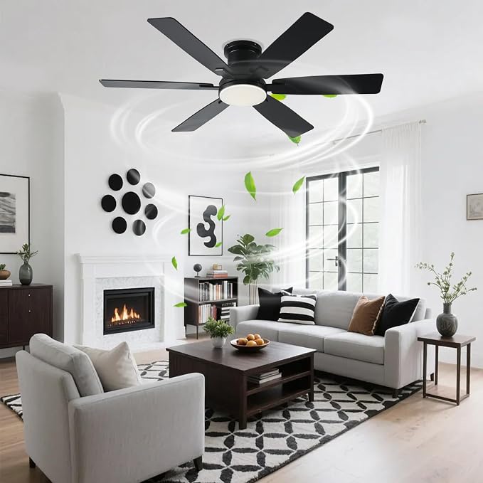 52 inch Black Ceiling Fans with Lights and Remote - Flush Mount Low Profile Ceiling Fan with Light, Reversible, 3CCT