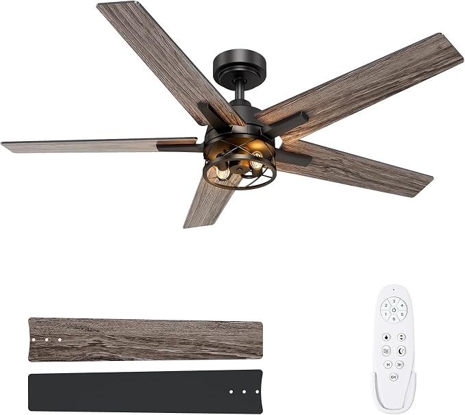 52 Inch Black Ceiling Fans with Lights and Remote, Reversible, 3CCT, Dimmable, Noiseless, Caged Ceiling Fan for Bedroom