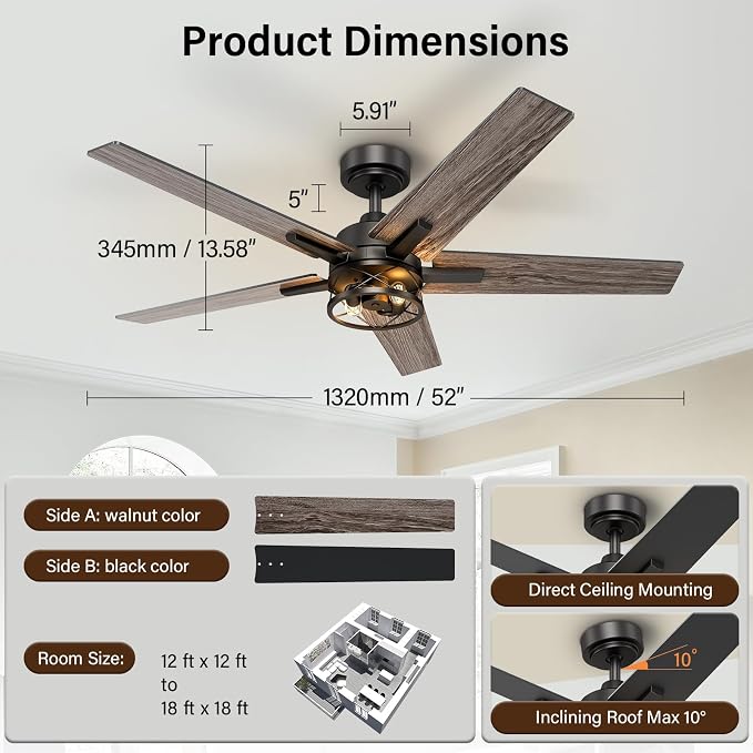 52 Inch Black Ceiling Fans with Lights and Remote, Reversible, 3CCT, Dimmable, Noiseless, Caged Ceiling Fan for Bedroom