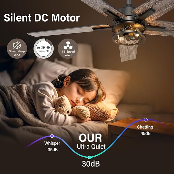 52 Inch Black Ceiling Fans with Lights and Remote, Reversible, 3CCT, Dimmable, Noiseless, Caged Ceiling Fan for Bedroom