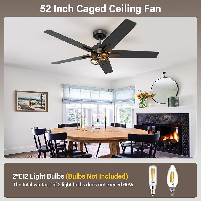 52 Inch Black Ceiling Fans with Lights and Remote, Reversible, 3CCT, Dimmable, Noiseless, Caged Ceiling Fan for Bedroom