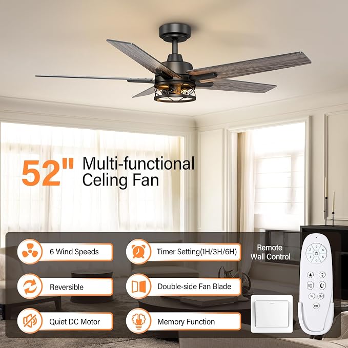 52 Inch Black Ceiling Fans with Lights and Remote, Reversible, 3CCT, Dimmable, Noiseless, Caged Ceiling Fan for Bedroom
