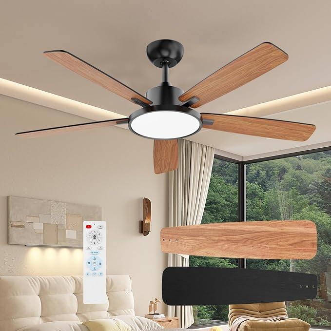 52 Inch Black Ceiling Fans with Lights Led Remote Control Flush Mount Low Profile for Bedroom Living Dining Room