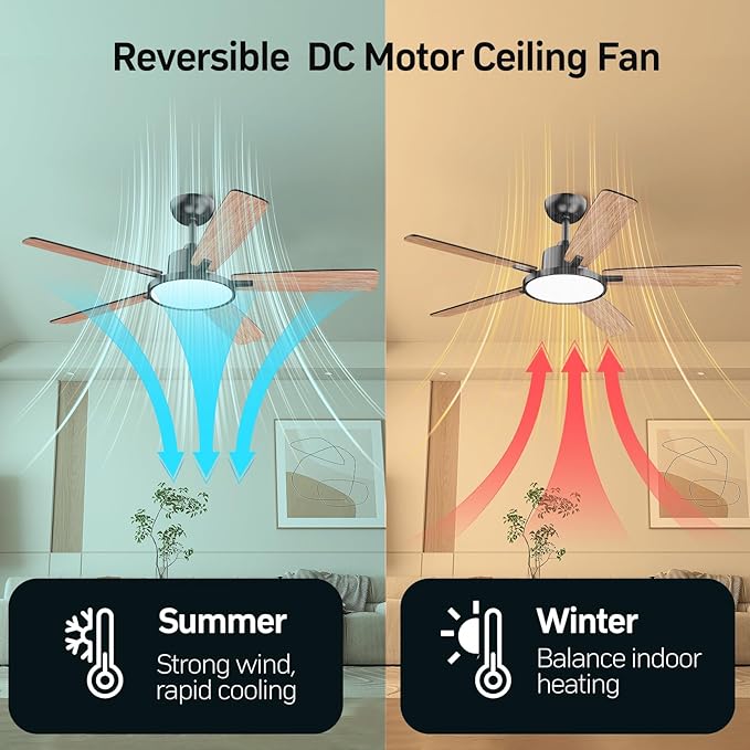52 Inch Black Ceiling Fans with Lights Led Remote Control Flush Mount Low Profile for Bedroom Living Dining Room, alternate