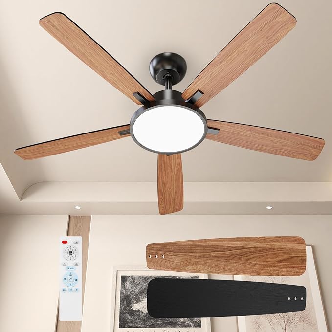 52 Inch Black Ceiling Fans with Lights Led Remote Control Flush Mount Low Profile for Bedroom Living Dining Room, alternate