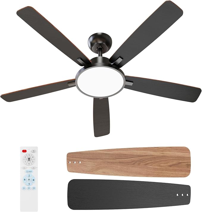 52 Inch Black Ceiling Fans with Lights Led Remote Control Flush Mount Low Profile for Bedroom Living Dining Room, alternate