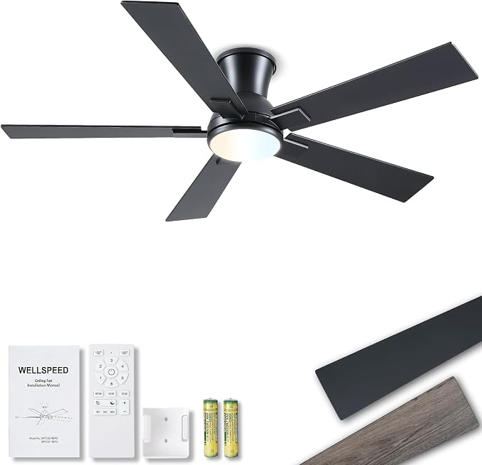 52 Inch Black Flush Mount Ceiling Fan with Light, 3CCT Dimmable LED, 6-Speed Remote Control, Reversible Motor,Quiet Low
