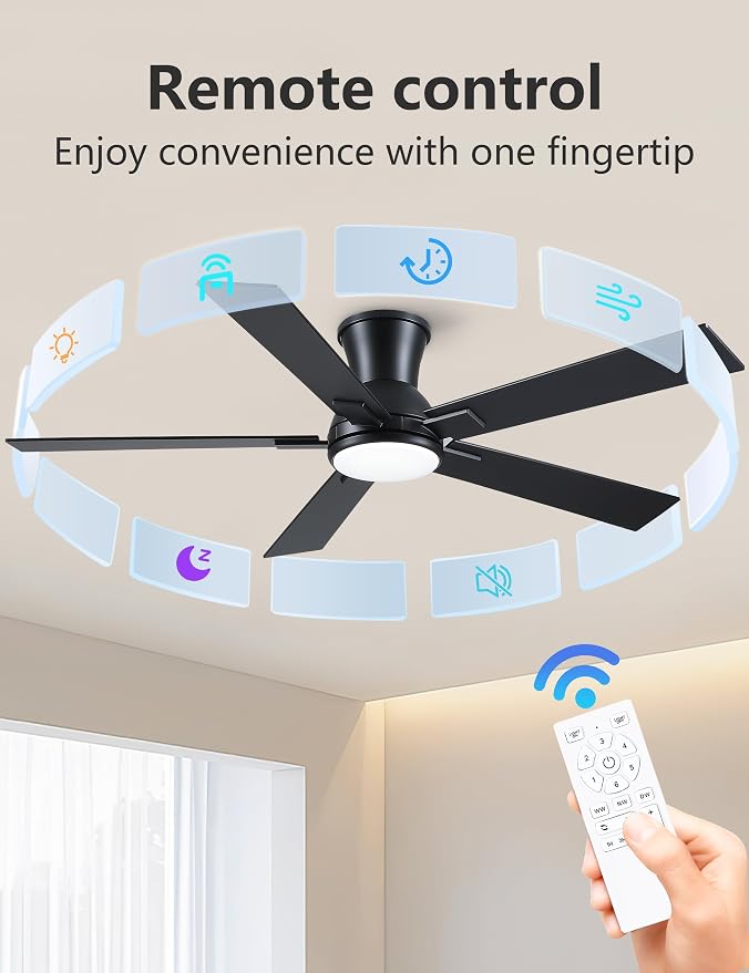 52 Inch Black Flush Mount Ceiling Fan with Light, 3CCT Dimmable LED, 6-Speed Remote Control, Reversible Motor,Quiet Low