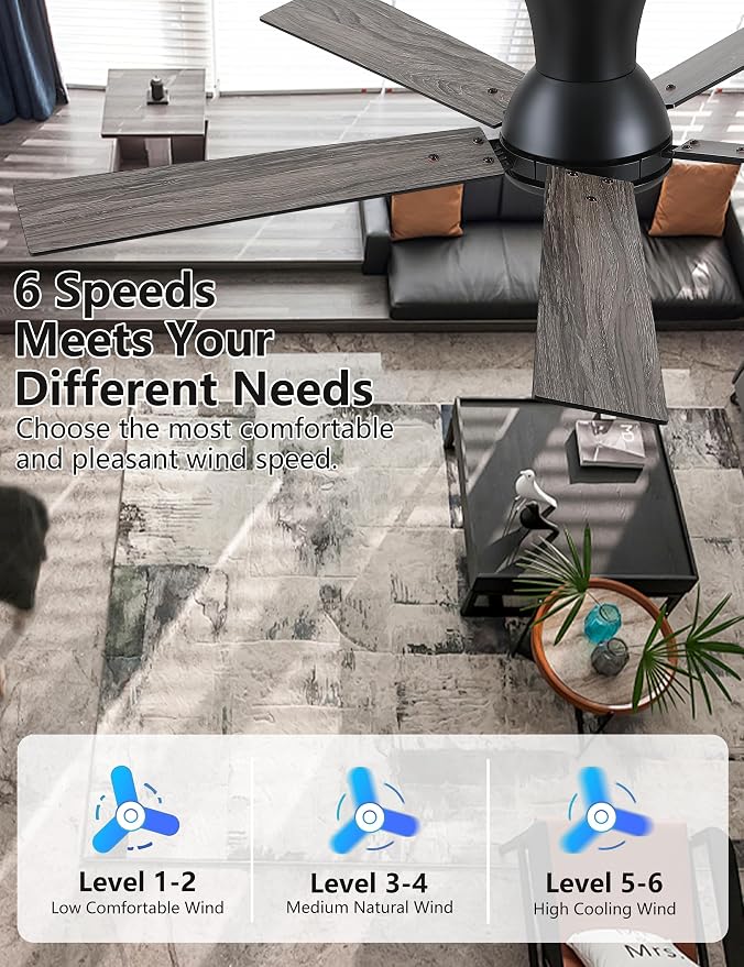 52 Inch Black Flush Mount Ceiling Fan with Light, 3CCT Dimmable LED, 6-Speed Remote Control, Reversible Motor,Quiet Low