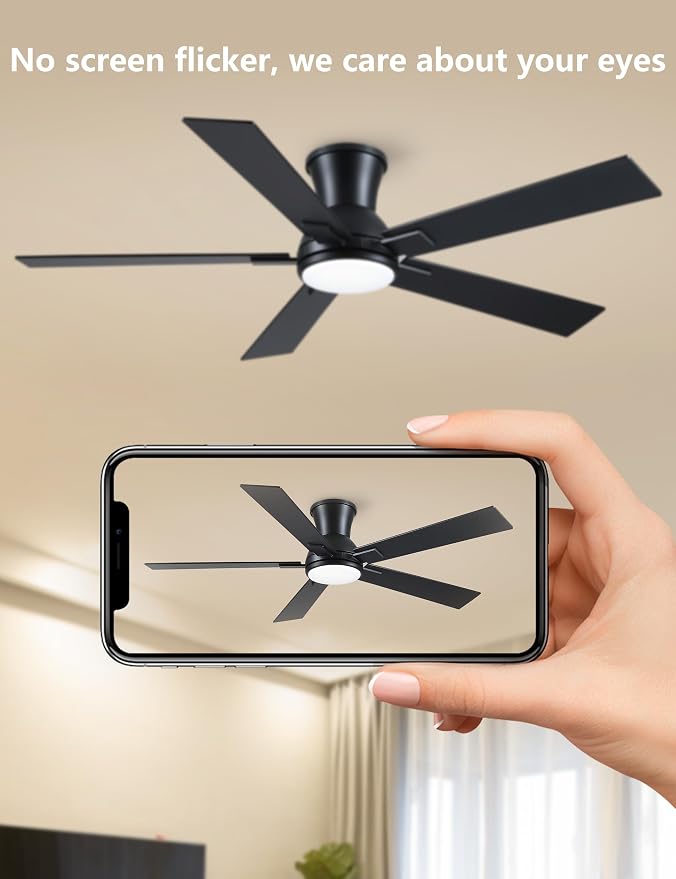 52 Inch Black Flush Mount Ceiling Fan with Light, 3CCT Dimmable LED, 6-Speed Remote Control, Reversible Motor,Quiet Low