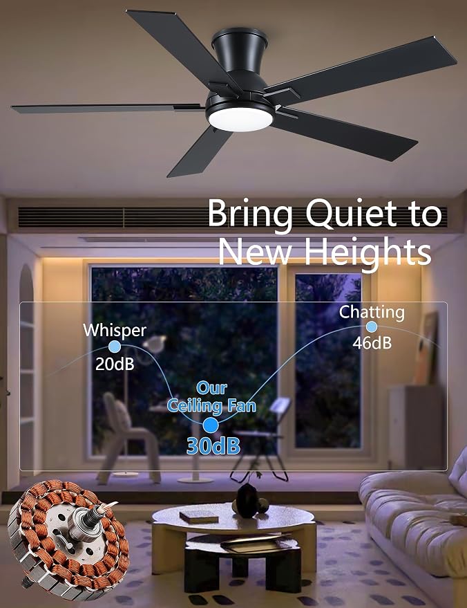 52 Inch Black Flush Mount Ceiling Fan with Light, 3CCT Dimmable LED, 6-Speed Remote Control, Reversible Motor,Quiet Low