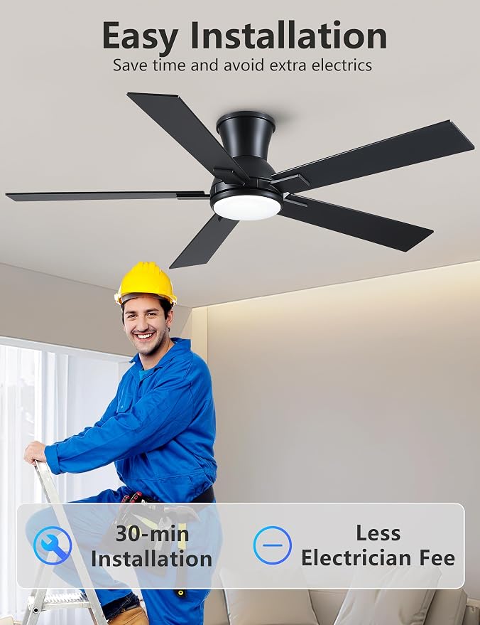 52 Inch Black Flush Mount Ceiling Fan with Light, 3CCT Dimmable LED, 6-Speed Remote Control, Reversible Motor,Quiet Low