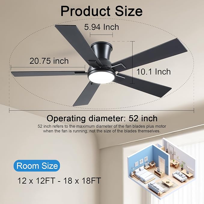 52 Inch Black Flush Mount Ceiling Fan with Light, 3CCT Dimmable LED, 6-Speed Remote Control, Reversible Motor,Quiet Low