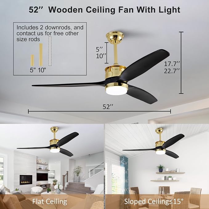 52 Inch Black Gold Ceiling Fans with Lights and Remote, Reversible Quite DC Motor,6 Speeds with Memory Program,Modern