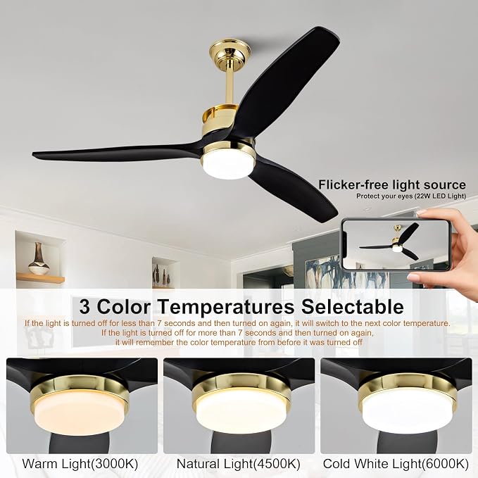 52 Inch Black Gold Ceiling Fans with Lights and Remote, Reversible Quite DC Motor,6 Speeds with Memory Program,Modern