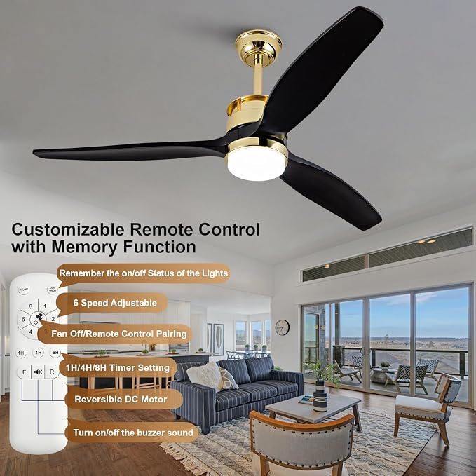 52 Inch Black Gold Ceiling Fans with Lights and Remote, Reversible Quite DC Motor,6 Speeds with Memory Program,Modern