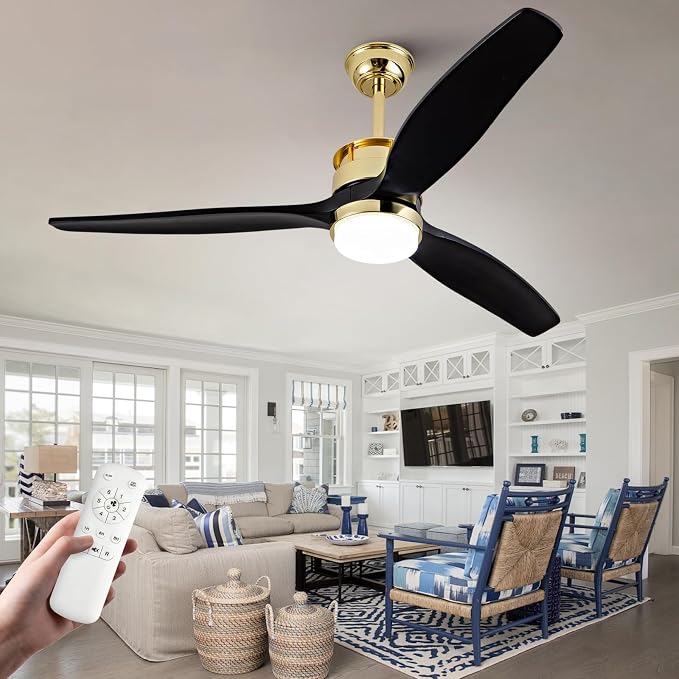 52 Inch Black Gold Ceiling Fans with Lights and Remote, Reversible Quite DC Motor,6 Speeds with Memory Program,Modern