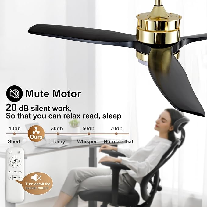 52 Inch Black Gold Ceiling Fans with Lights and Remote, Reversible Quite DC Motor,6 Speeds with Memory Program,Modern