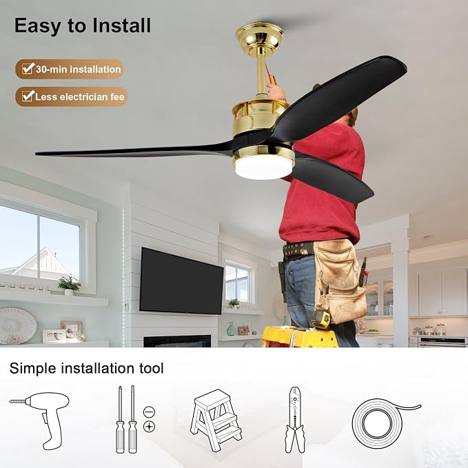 52 Inch Black Gold Ceiling Fans with Lights and Remote, Reversible Quite DC Motor,6 Speeds with Memory Program,Modern