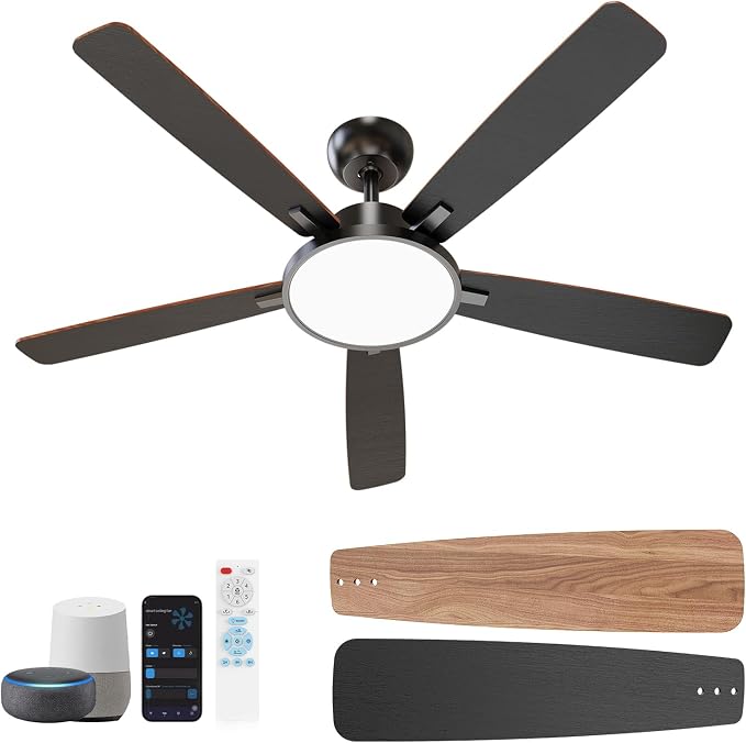 52 Inch Black Smart Ceiling Fans with Lights Led Remote Control Flush Mount Low Profile for Bedroom Living Dining Room