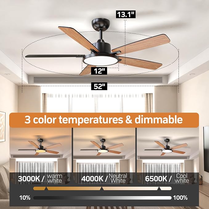 52 Inch Black Smart Ceiling Fans with Lights Led Remote Control Flush Mount Low Profile for Bedroom Living Dining Room