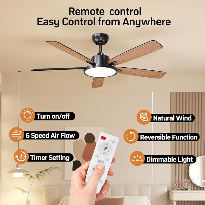 52 Inch Black Smart Ceiling Fans with Lights Led Remote Control Flush Mount Low Profile for Bedroom Living Dining Room