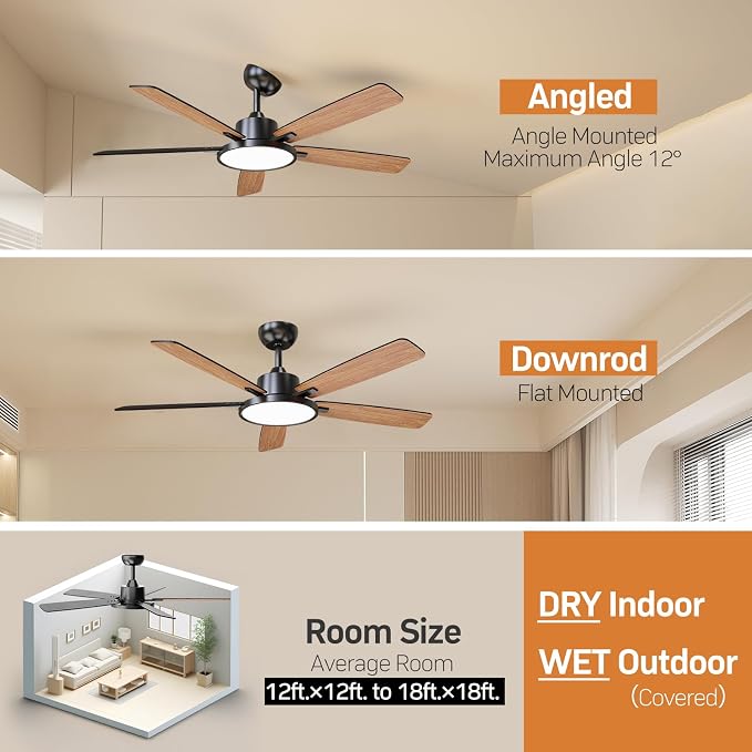 52 Inch Black Smart Ceiling Fans with Lights Led Remote Control Flush Mount Low Profile for Bedroom Living Dining Room