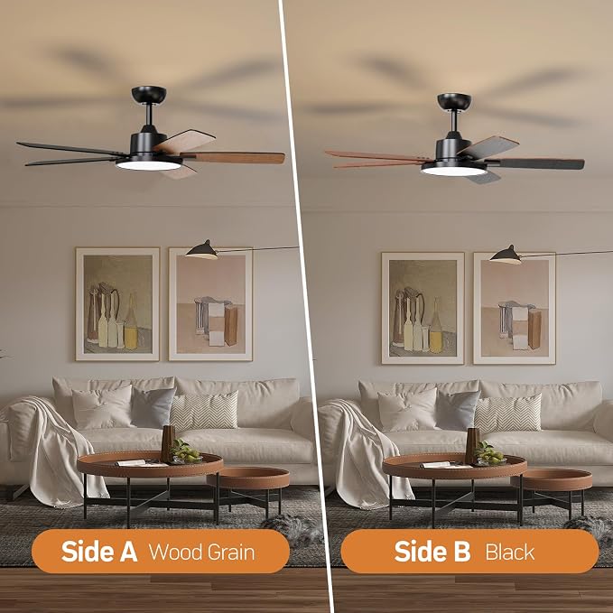52 Inch Black Smart Ceiling Fans with Lights Led Remote Control Flush Mount Low Profile for Bedroom Living Dining Room