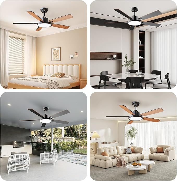 52 Inch Black Smart Ceiling Fans with Lights Led Remote Control Flush Mount Low Profile for Bedroom Living Dining Room