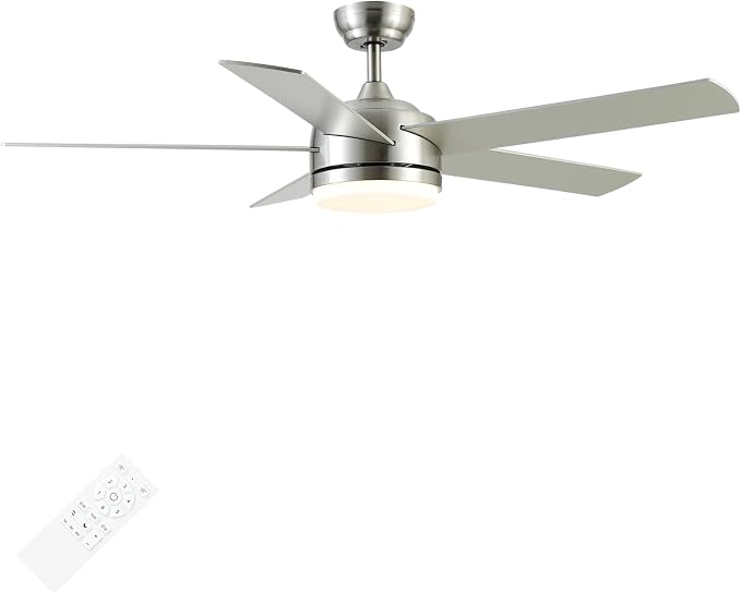 52 Inch Brushed Nickel Ceiling Fan with Light and Remote Control.Noiseless,Dimmable,3CCT,6 Speeds Reversible, DC Ceiling Fans