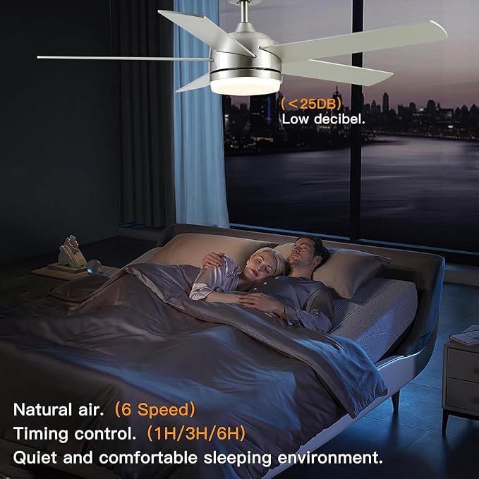 52 Inch Brushed Nickel Ceiling Fan with Light and Remote Control.Noiseless,Dimmable,3CCT,6 Speeds Reversible, DC Ceiling Fans