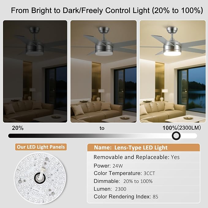 52 Inch Brushed Nickel Ceiling Fan with Light and Remote Control.Noiseless,Dimmable,3CCT,6 Speeds Reversible, DC Ceiling Fans