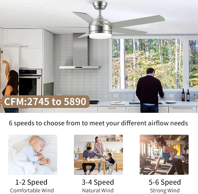 52 Inch Brushed Nickel Ceiling Fan with Light and Remote Control.Noiseless,Dimmable,3CCT,6 Speeds Reversible, DC Ceiling Fans