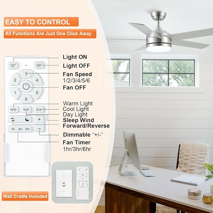 52 Inch Brushed Nickel Ceiling Fan with Light and Remote Control.Noiseless,Dimmable,3CCT,6 Speeds Reversible, DC Ceiling Fans