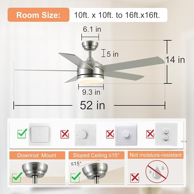 52 Inch Brushed Nickel Ceiling Fan with Light and Remote Control.Noiseless,Dimmable,3CCT,6 Speeds Reversible, DC Ceiling Fans