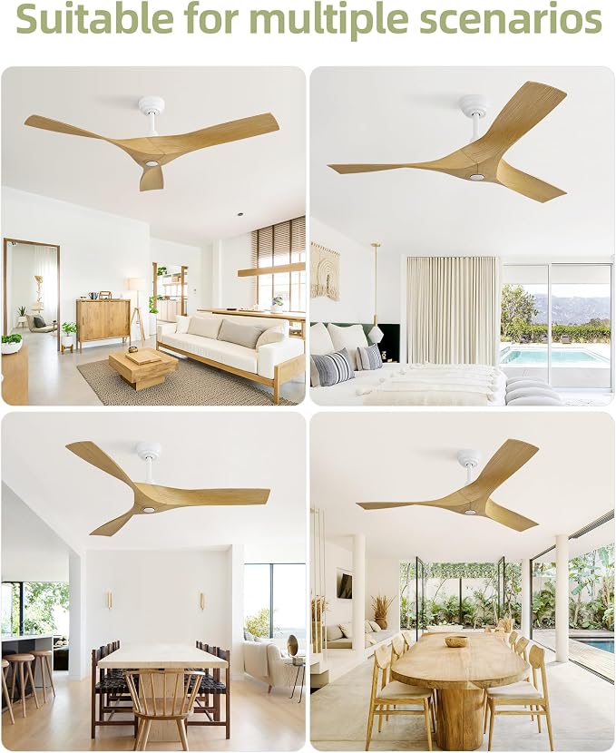 52 Inch Ceiling Fan No Light, 3 Blades Ceiling Fans Without Light, Low Profile Downrod Mount Ceiling Fans with Remote, for