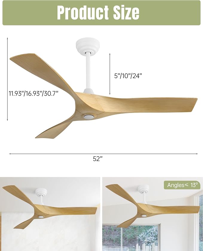 52 Inch Ceiling Fan No Light, 3 Blades Ceiling Fans Without Light, Low Profile Downrod Mount Ceiling Fans with Remote, for