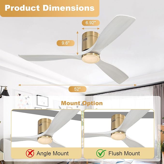 52 Inch Ceiling Fan No Light, Flush Mount Ceiling Fans with Remote, Solid Wood Indoor/Outdoor Ceiling Fans Without Lights