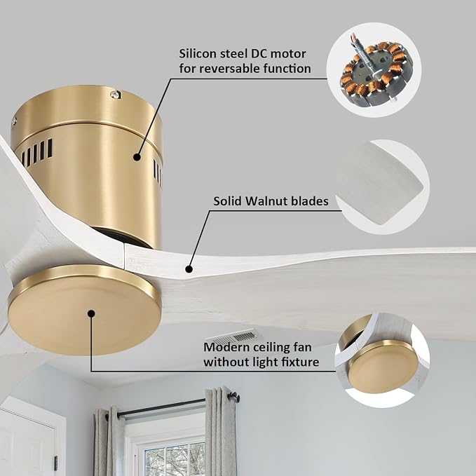 52 Inch Ceiling Fan No Light, Flush Mount Ceiling Fans with Remote, Solid Wood Indoor/Outdoor Ceiling Fans Without Lights