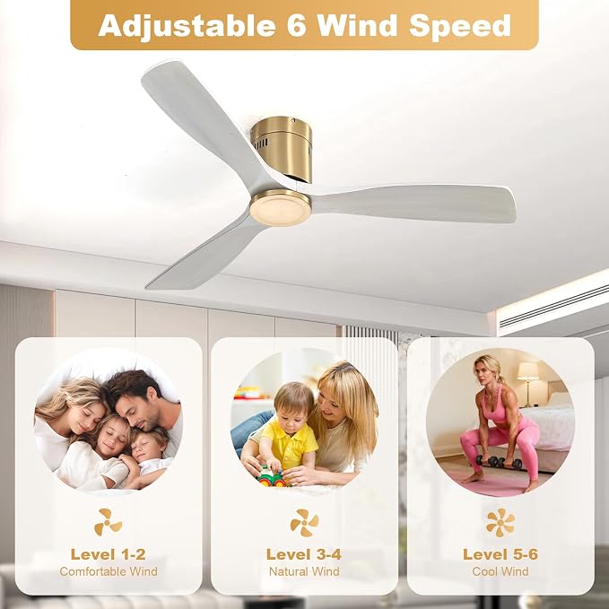 52 Inch Ceiling Fan No Light, Flush Mount Ceiling Fans with Remote, Solid Wood Indoor/Outdoor Ceiling Fans Without Lights