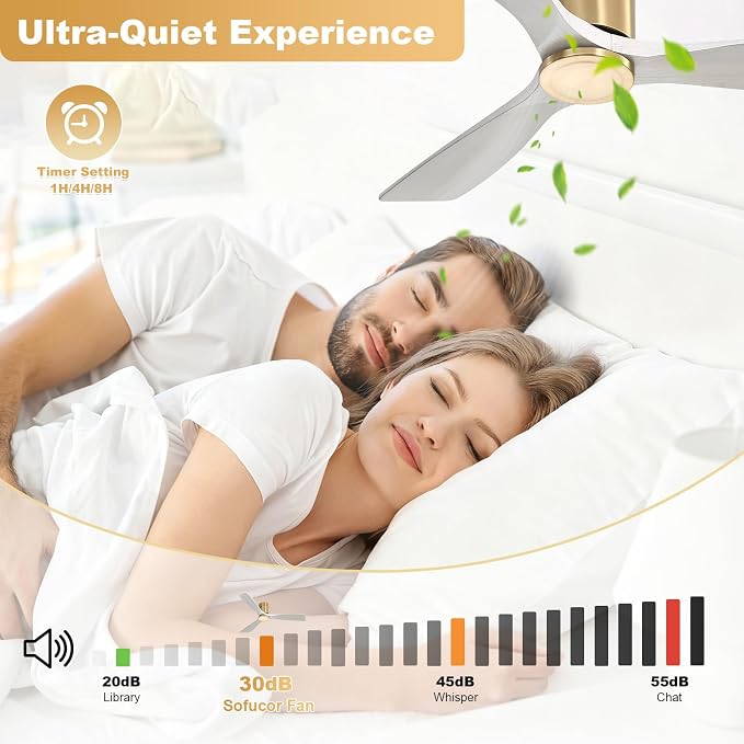 52 Inch Ceiling Fan No Light, Flush Mount Ceiling Fans with Remote, Solid Wood Indoor/Outdoor Ceiling Fans Without Lights