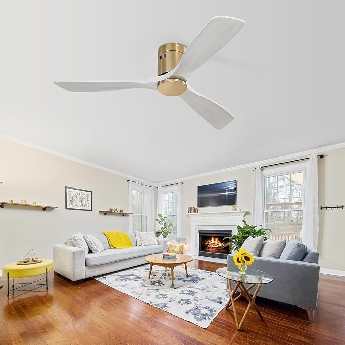 52 Inch Ceiling Fan No Light, Flush Mount Ceiling Fans with Remote, Solid Wood Indoor/Outdoor Ceiling Fans Without Lights