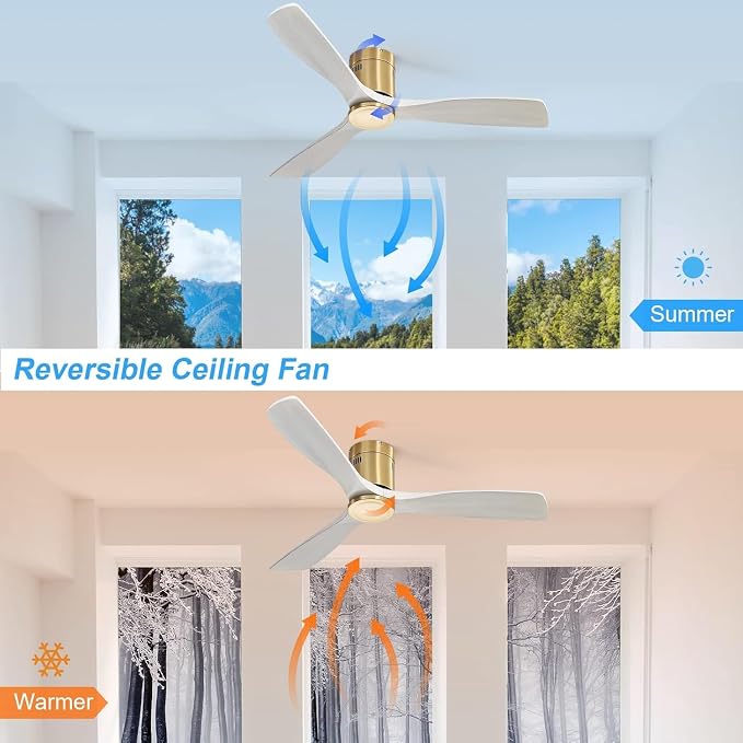 52 Inch Ceiling Fan No Light, Flush Mount Ceiling Fans with Remote, Solid Wood Indoor/Outdoor Ceiling Fans Without Lights