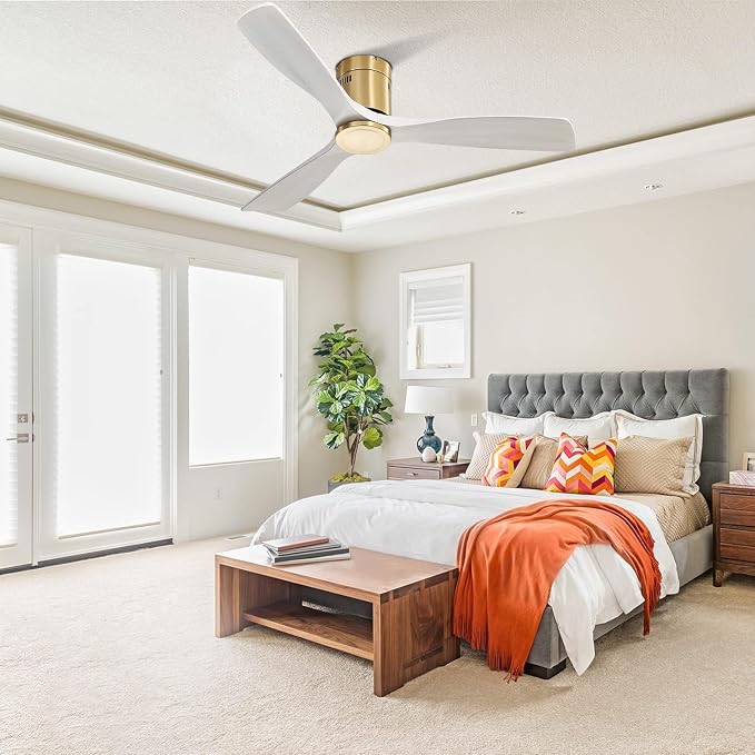 52 Inch Ceiling Fan No Light, Flush Mount Ceiling Fans with Remote, Solid Wood Indoor/Outdoor Ceiling Fans Without Lights