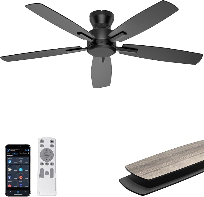 52 Inch Ceiling Fan No Light, Low Profile Ceiling Fan with Remote and App Control, Flush Mount Ceiling Fan without Light for